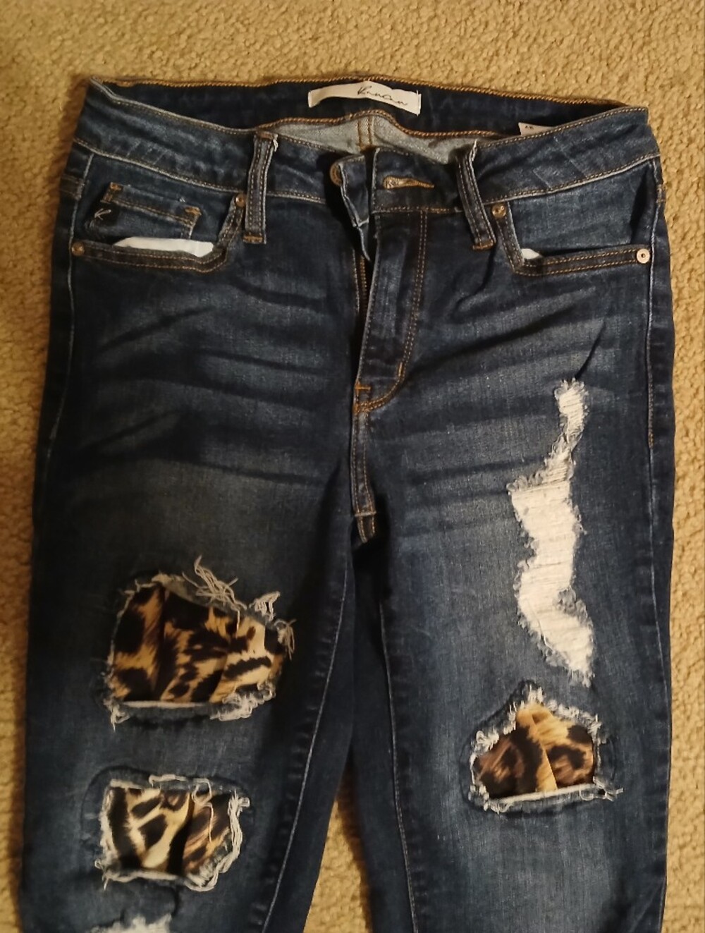 KanCan Dark Blue Skinny Jeans with Leopard Patch Distressing - Picture 2 of 6